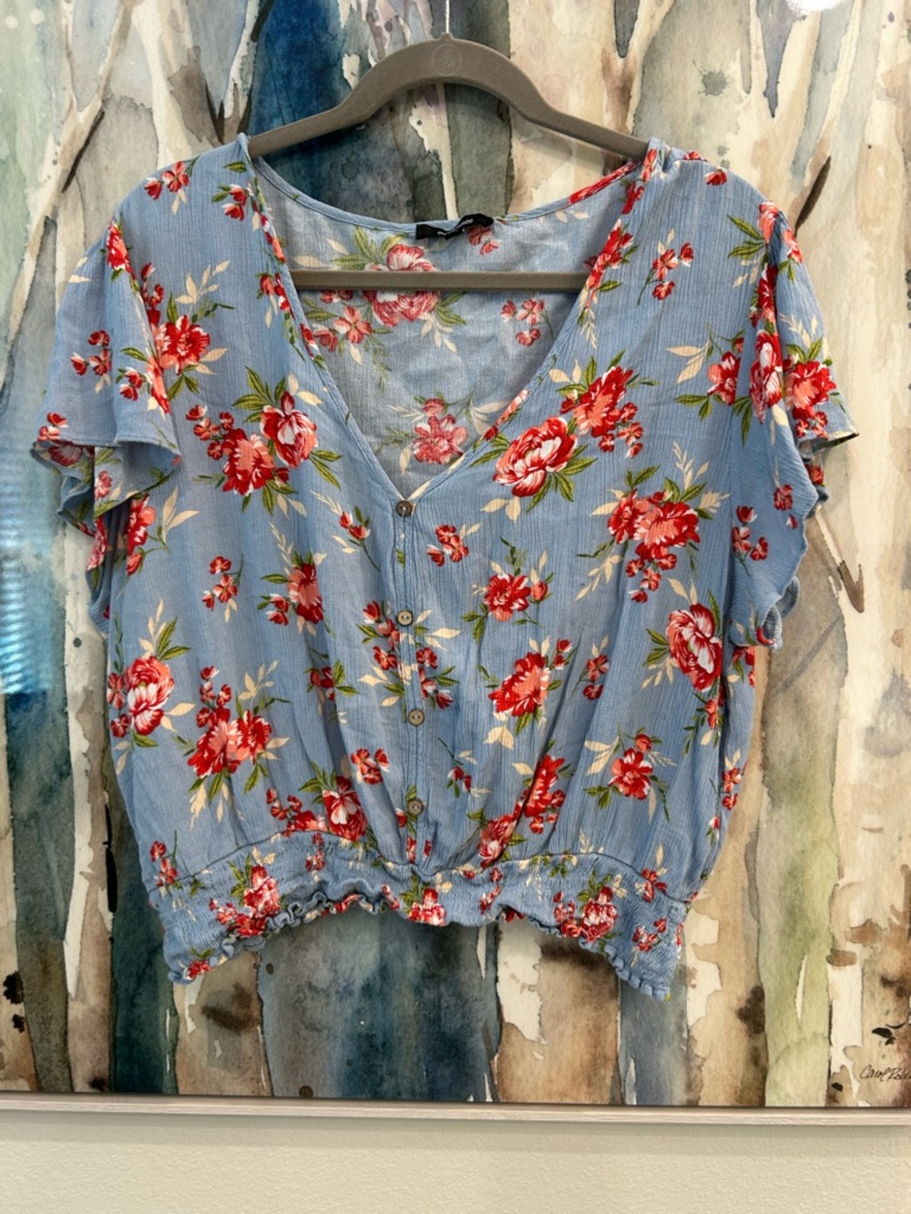 Ambiance Light Blue Floral V-Neck Button Front Top